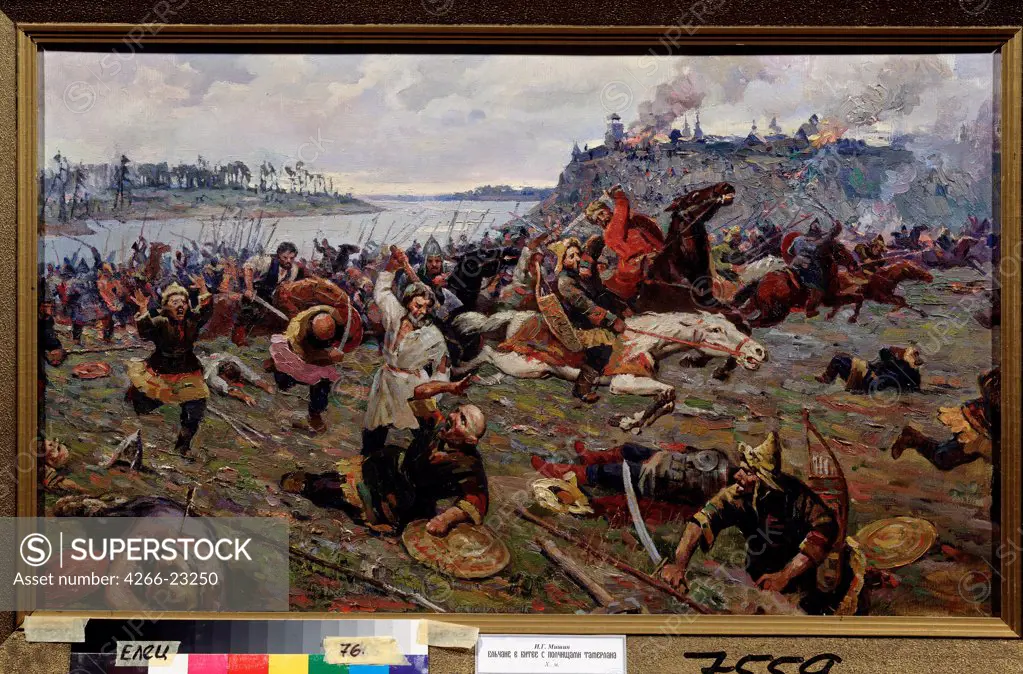 Russians fighting Timur's Army by Mishin, Ivan Grigoryevich (*1928)/ Museum of Regional Studies, Yelets/ Russia/ Oil on canvas/ Soviet Art/ 96x55/ History