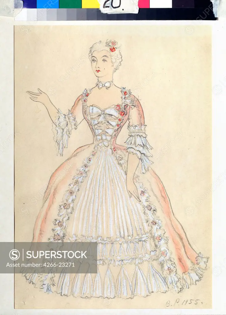 Costume design for the opera The Marriage of Figaro by W.A. Mozart by Ryndin, Vadim Fyodorovich (1902-1974)/ Bolshoi Theatre Museum, Moscow/ 1955/ Russia/ Watercolour and white colour on paper/ Theatrical scenic painting/ Opera, Ballet, Theatre