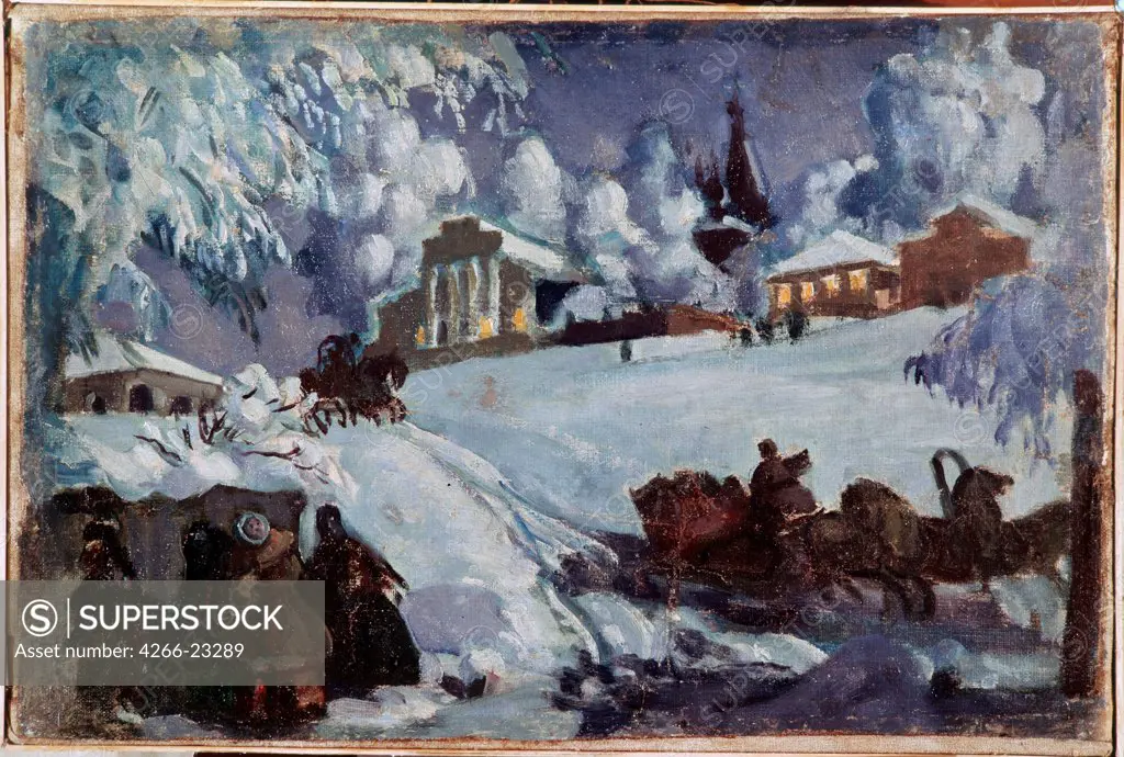 Winter. Sleigh Ride by Kustodiev, Boris Michaylovich (1878-1927)/ Private Collection/ 1920s/ Russia/ Oil on canvas/ Russian Painting, End of 19th - Early 20th cen./ Landscape,Genre