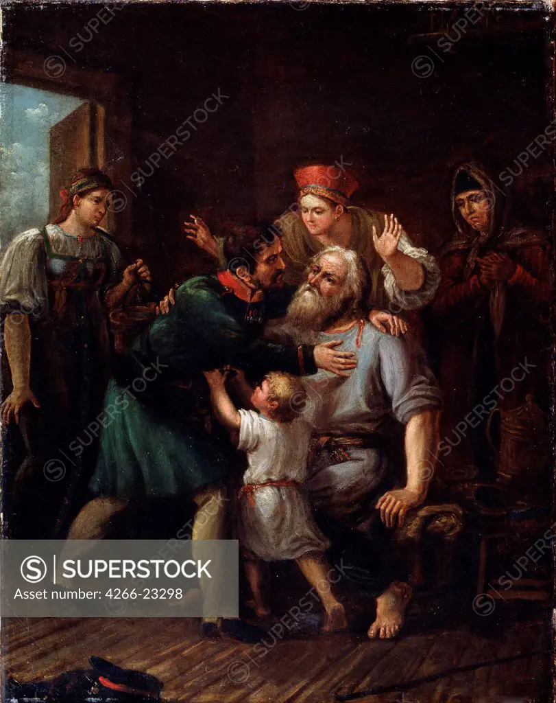 Homecoming Warrior by Luchaninov, Ivan Vasilyevich (1781-1824)/ Regional Art Gallery, Taganrog/ 1815/ Russia/ Oil on canvas/ Russian Painting of 19th cen./ 60x53/ Genre