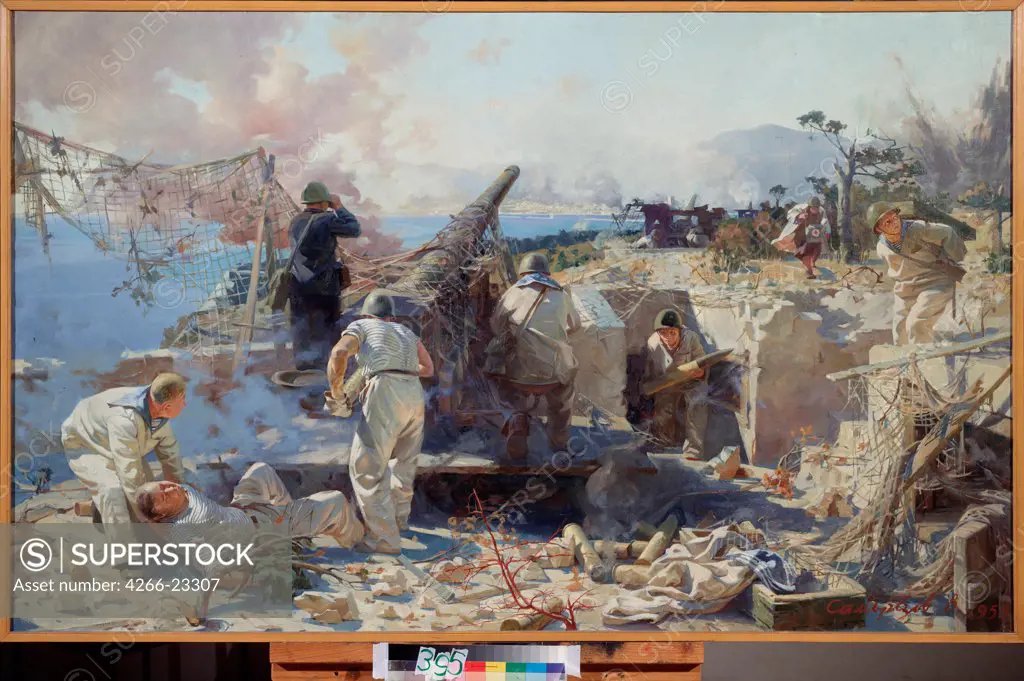 Artillerymen of the Black Sea Fleet fight for Novorossiysk in 1943 by Samoresov, Viktor Konstantinovich (*1919)/ State Central Navy Museum, St. Petersburg/ 1955/ Russia/ Oil on canvas/ Soviet Art/ 125x200/ History