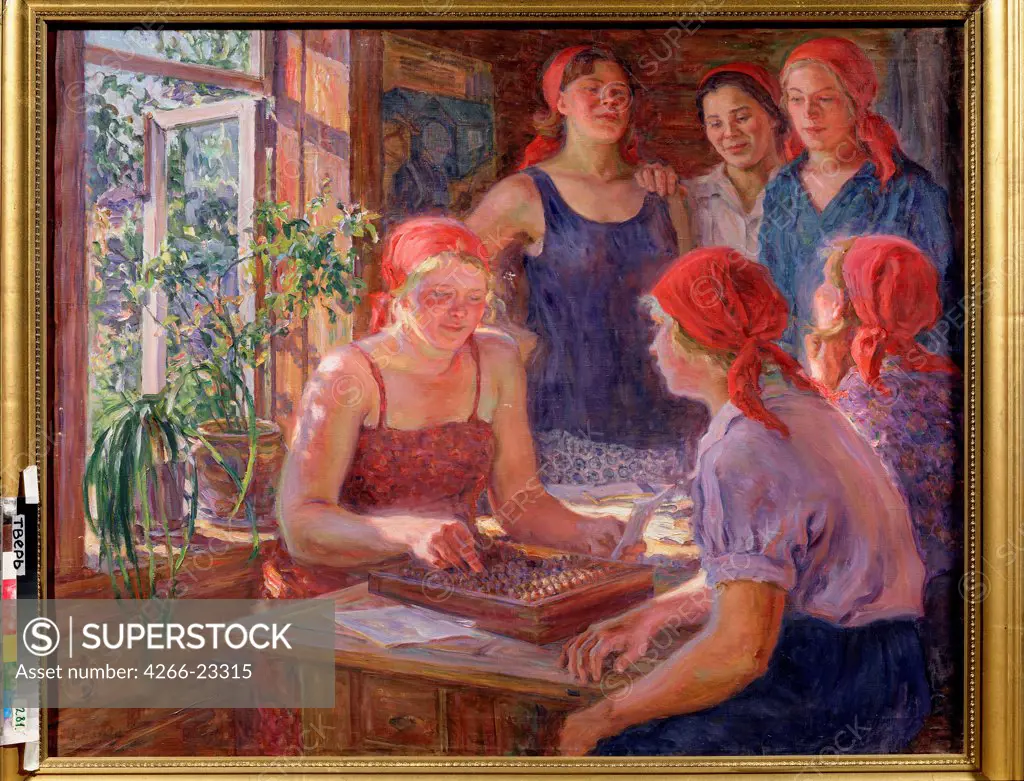 Working days calculation by Moravov, Alexander Viktorovich (1878-1951)/ Regional Art Gallery, Tver/ 1930-1933/ Russia/ Oil on canvas/ Soviet Art/ 106,5x134/ Genre