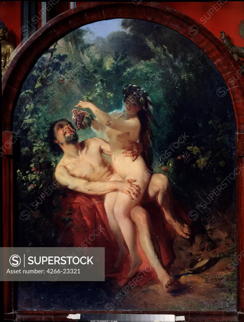 Satyr and Nymph by Makovsky, Konstantin Yegorovich (1839-1915)/ State Art Museum of the Republic of Kalmykia, Elista/ 1863/ Russia/ Oil on canvas/ Russian Painting of 19th cen./ 106x84/ Mythology, Allegory and Literature,Nude painting