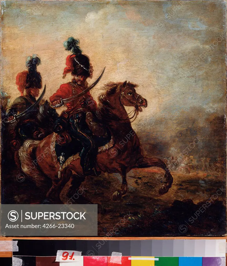 Horsemen by Orlowski, Alexander Osipovich (1777-1832)/ State Art Museum of the Chuvash Republic, Tcheboksary/ 1810-1820/ Poland/ Oil on canvas/ Romanticism/ 38,7x43,5/ Genre