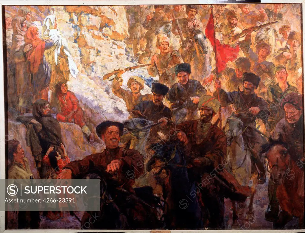 The red Partisans of Dagestan (Triptych, central panel) by Lanceray (Lansere), Evgeny Evgenyevich (1875-1946)/ State Art Museum of the Dagestan Republic, Makhatchkala/ 1929-1931/ Russia/ Tempera on canvas/ Soviet Art/ 139x80,5/ Genre