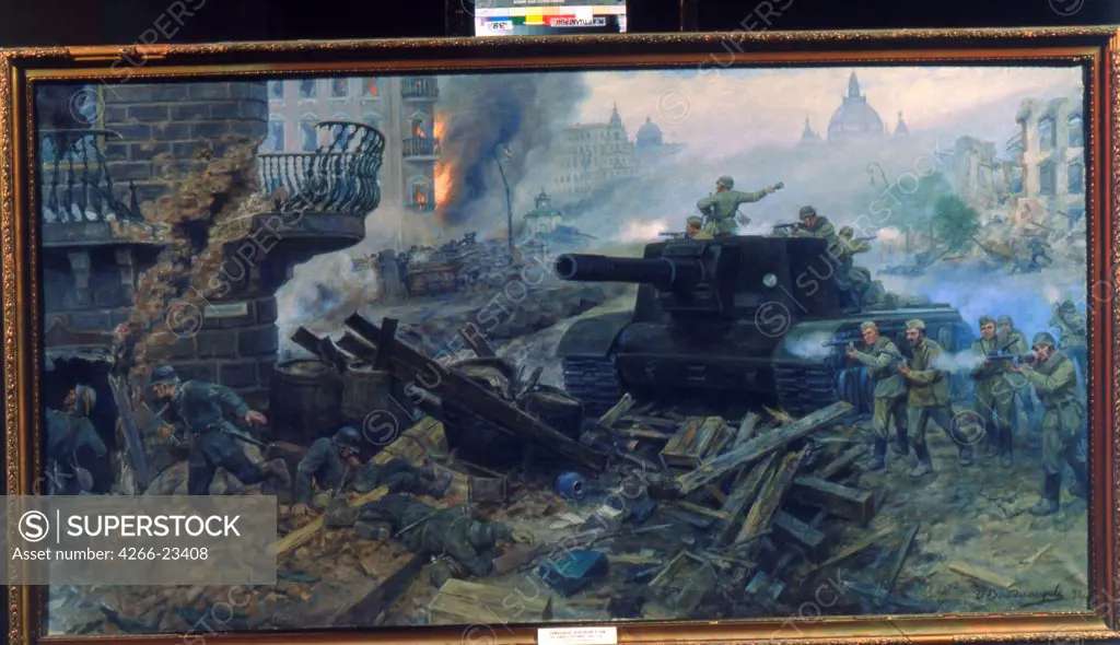 The artillery street fight in Berlin. 1945 by Vladimirov, Ivan Vassilyevich (1905-1980s)/ State Central Artillery Museum, St. Petersburg/ 1946/ Russia/ Oil on canvas/ Soviet Art/ 128x249/ History