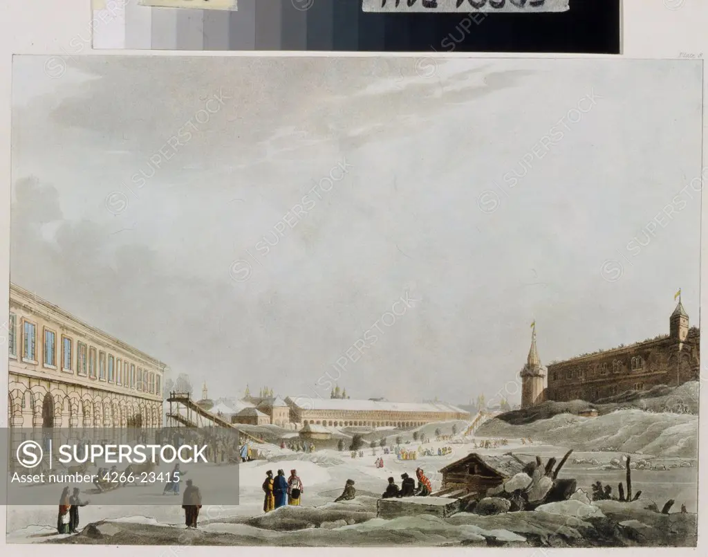 View of a Ice Skating Rink during Carnival Time in Moscow by Barthe, Gerard, de la (active 1787-1810)/ State Borodino War and History Museum, Moscow/ 1813/ France/ Lithograph, watercolour/ French Painting of 19th cen./ 28x34,9/ Landscape,Genre
