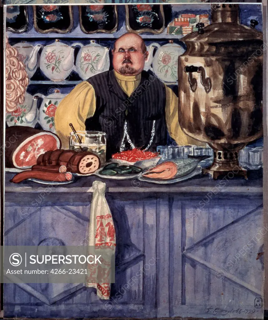 A Tavernkeeper by Kustodiev, Boris Michaylovich (1878-1927)/ State Russian Museum, St. Petersburg/ 1920/ Russia/ Watercolour on paper/ Russian Painting, End of 19th - Early 20th cen./ 34,2x28,3/ Genre