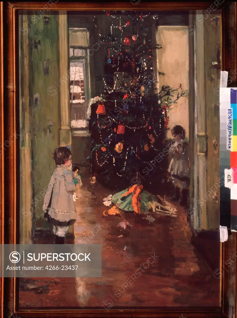 Christmas tree by Radimov, Pavel Alexandrovich (1887-1967)/ Regional Art Museum, Kozmodemyansk/ 1924/ Russia/ Oil on canvas/ Russian Painting, End of 19th - Early 20th cen./ 78x54/ Genre