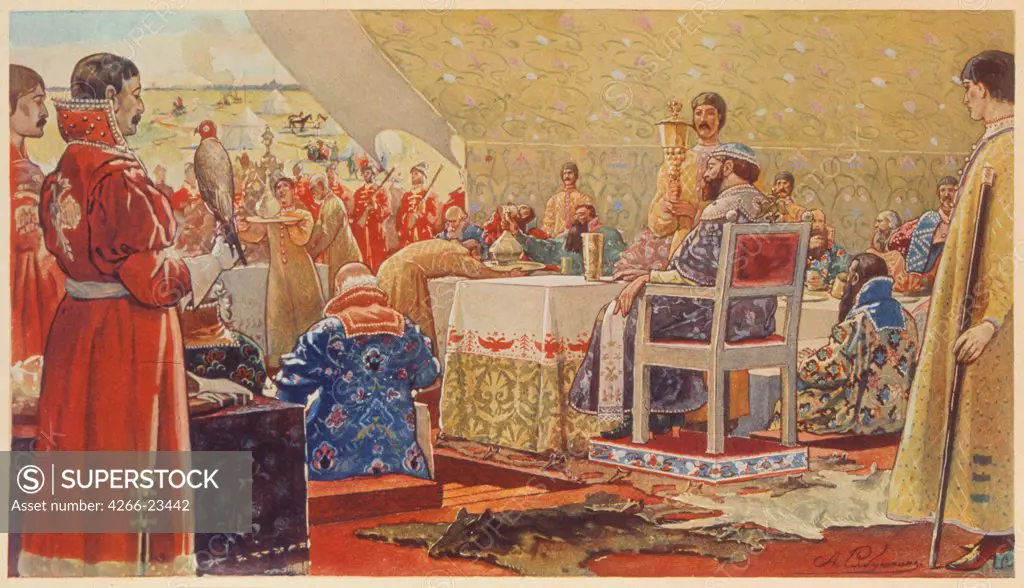 The Feast of Tsar Alexei Mikhailovich by Ryabushkin, Andrei Petrovich (1861-1904)/ Russian State Library, Moscow/ Russia/ Colour lithograph/ Russian Painting of 19th cen./ Genre