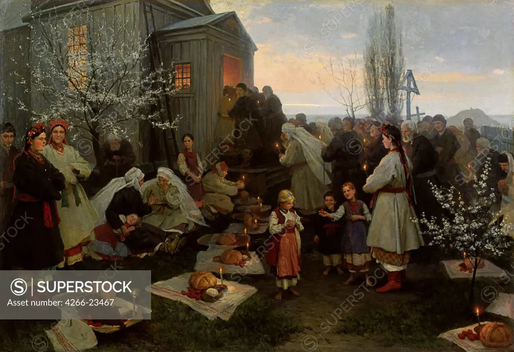 Easter matins in Ukraine by Pimonenko, Nikolai Kornilovich (1862-1912)/ State Museum of History, Architecture and Art, Rybinsk/ 1891/ Russia/ Oil on canvas/ Russian Painting of 19th cen./ 133x193/ Genre