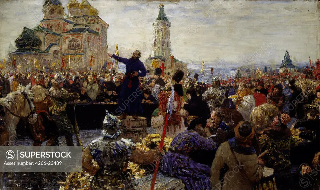 Minin appeals to the people of Nizhny Novgorod in 1611 by Repin, Ilya Yefimovich (1844-1930)/ I. Repin Memorial Museum Penates near Sankt Petersburg/ 1876/ Russia/ Oil on canvas/ Russian Painting of 19th cen./ 97x156/ History