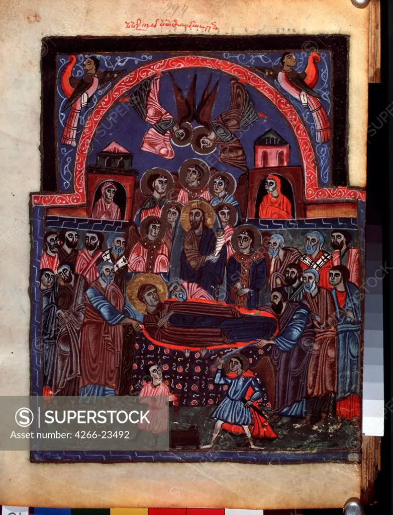 The Dormition of the Virgin (Manuscript illumination from the Matenadaran Gospel) by Master of Codex Matenadaran (13th century)/ Matenadaran Mashtots Institute of Ancient Manuscripts, Yerevan/ 1232/ Armenia/ Watercolour on parchment/ Medieval art/ Bible