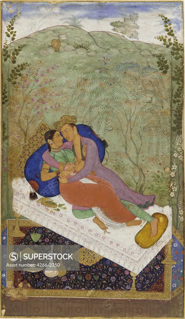 Couple lying on bed by Manohar, watercolour, ink, gold colour on paper, circa 1597, USA, Washington, D.C, Freer Gallery of Art