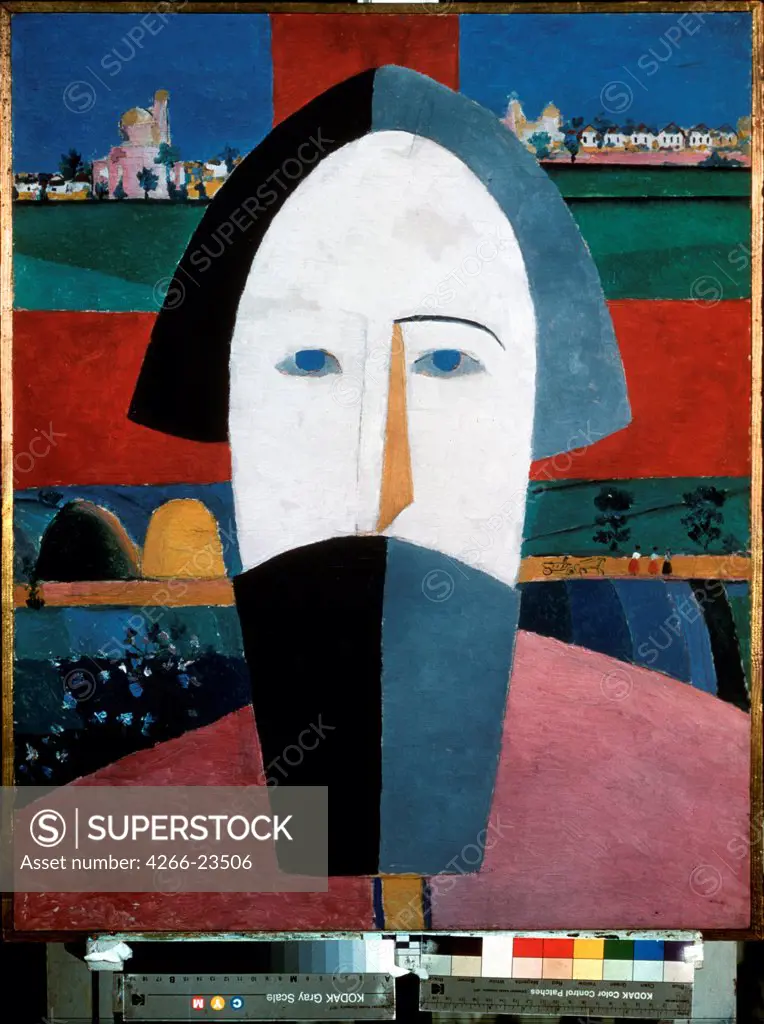 Head of a peasant by Malevich, Kasimir Severinovich (1878-1935)/ State Russian Museum, St. Petersburg/ 1928-1932/ Russia/ Oil on playwood/ Russian avant-garde/ 69x55/ Genre