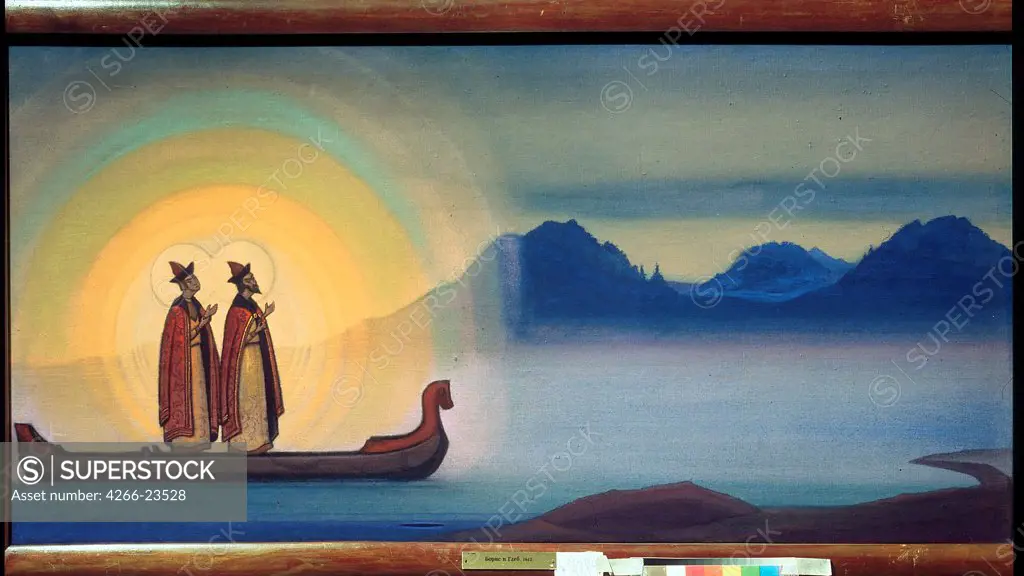 The Saints Boris and Gleb by Roerich, Nicholas (1874-1947)/ State Russian Museum, St. Petersburg/ 1942/ Russia/ Tempera on canvas/ Symbolism/ 61x123/ Bible,Mythology, Allegory and Literature