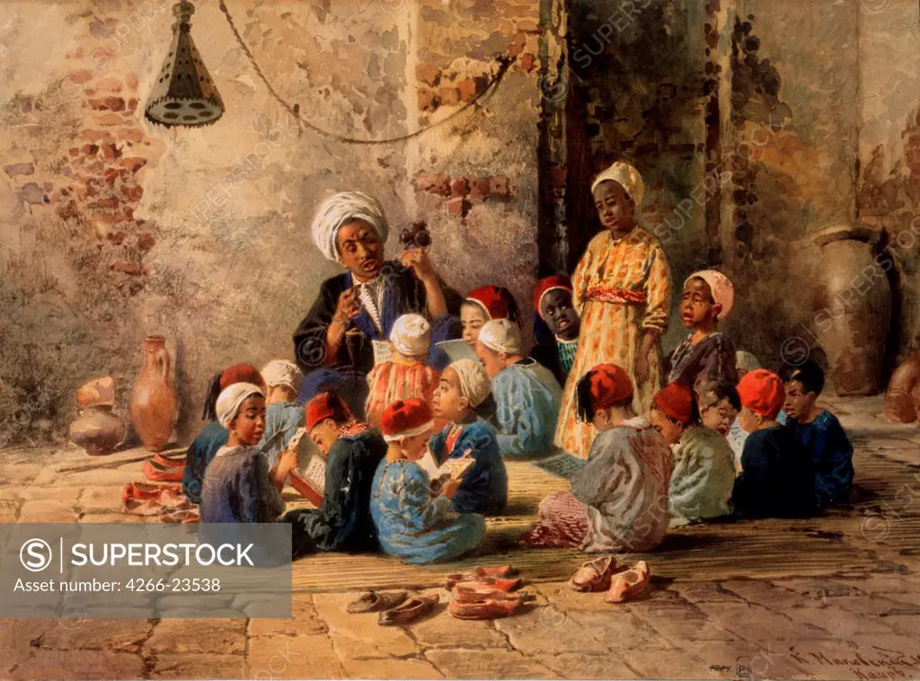 A School in Cairo by Makovsky, Konstantin Yegorovich (1839-1915)/ State Russian Museum, St. Petersburg/ 1873/ Russia/ Watercolour on paper/ Russian Painting of 19th cen./ 26,9x38,1/ Genre