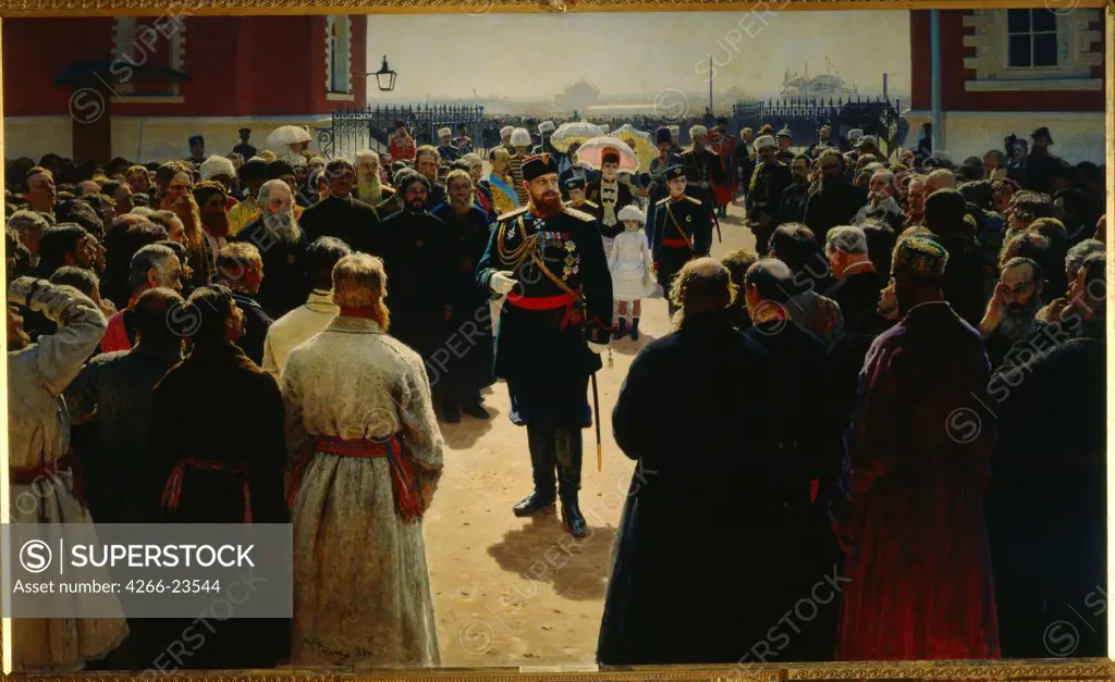Alexander III receiving rural district elders in the yard of Petrovsky Palace in Moscow by Repin, Ilya Yefimovich (1844-1930)/ State Tretyakov Gallery, Moscow/ 1886/ Russia/ Oil on canvas/ Russian Painting of 19th cen./ 293x490/ Portrait,Genre