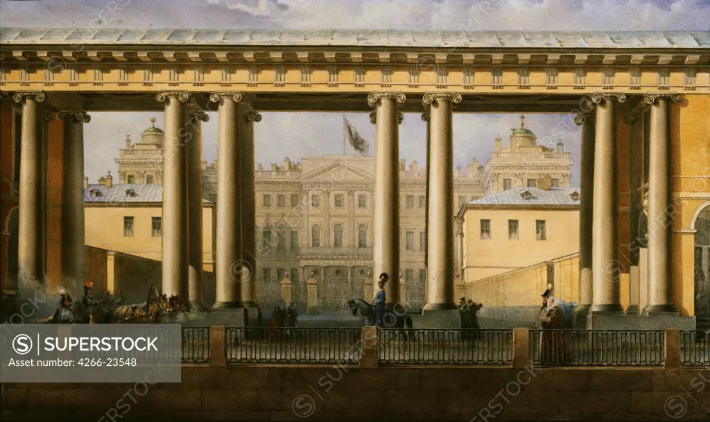 The Anichkov Palace in Saint Petersburg by Sadovnikov, Vasily Semyonovich (1800-1879)/ Institut of Russian Literature IRLI (Pushkin-House), St Petersburg/ 1838/ Russia/ Watercolour and white colour on paper/ Russian Painting of 19th cen./ 23,5x38,8/ Arch