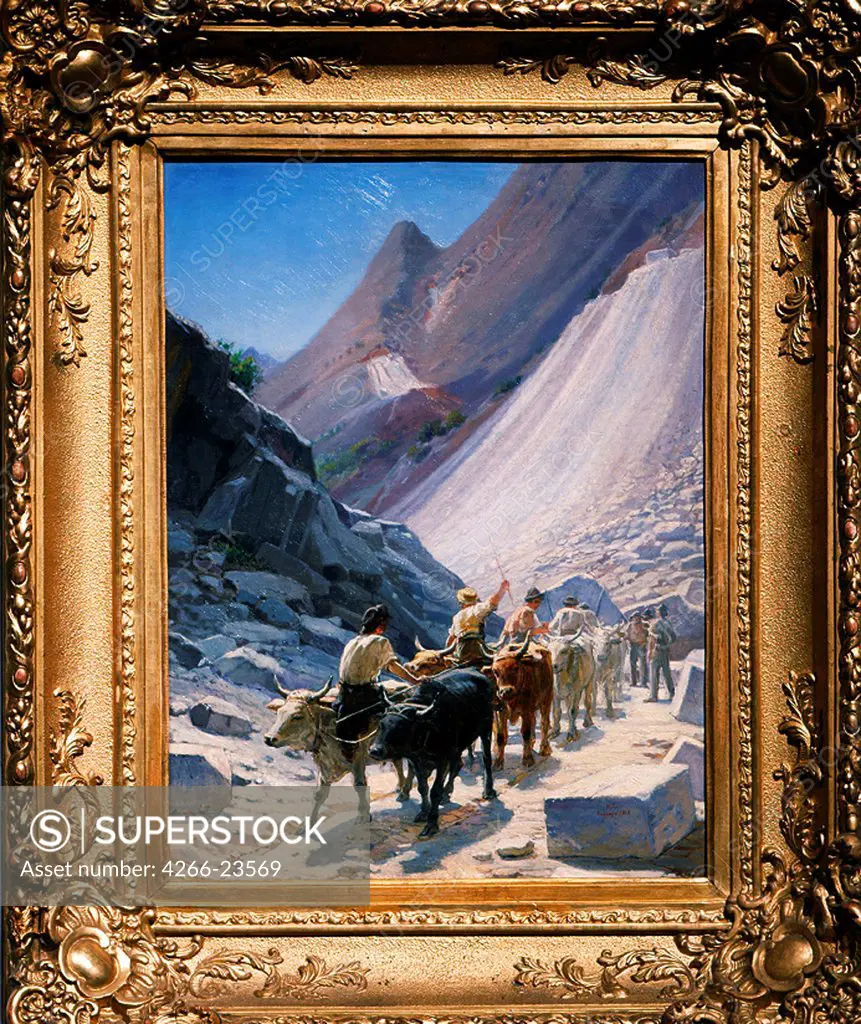 Transportation of Marble blocks in Carrara by Ge, Nikolai Nikolayevich (1831-1894)/ State Russian Museum, St. Petersburg/ 1868/ Russia/ Oil on canvas/ Russian Painting of 19th cen./ 58x45/ Genre