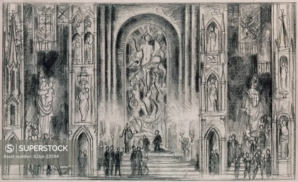 Stage design for the opera Don Carlos by G. Verdi by Ryndin, Vadim Fyodorovich (1902-1974) State Tretyakov Gallery, Moscow 1950s Pencil on Paper 18,5x28 Russia Theatrical scenic painting Opera, Ballet, Theatre Painting