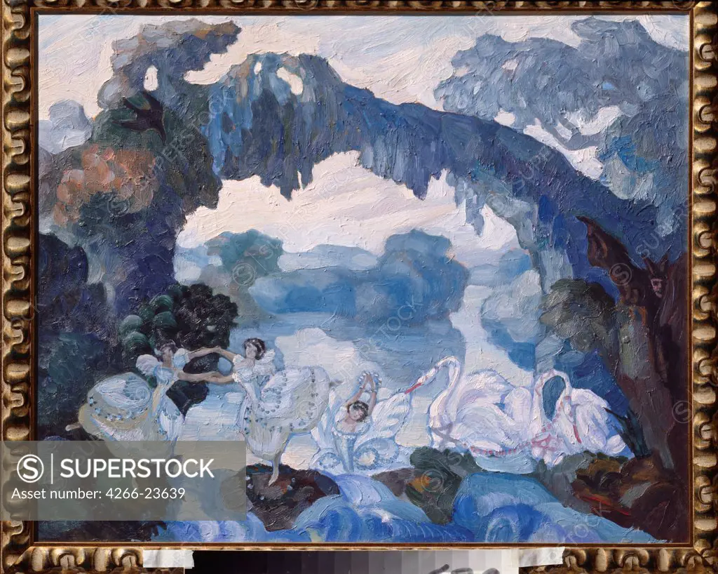 Stage design for the ballet The Swan Lake by P. Tchaikovsky by Sudeykin, Sergei Yurievich (1882-1946) Private Collection 1914 Oil on cardboard 58x74 Russia Theatrical scenic painting Opera, Ballet, Theatre Painting