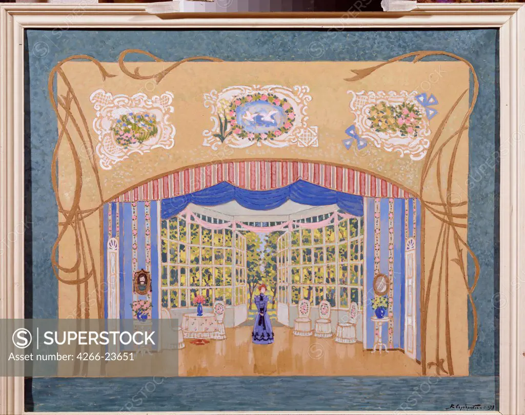 Stage design for the play The Bear by A. Chekhov by Serebrovski, Vladimir Glebovich (*1937) State Museum- and exhibition Centre ROSIZO, Moscow 2001 Gouache on paper Russia Theatrical scenic painting Opera, Ballet, Theatre Painting