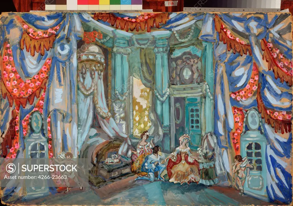 Stage design for the theatre play The Marriage of Figaro by P. de Beaumarchais by Sudeykin, Sergei Yurievich (1882-1946) State Central A. Bakhrushin Theatre Museum, Moscow 1915 Gouache and Tempera on cardboard 70,4x107 Russia Theatrical scenic pain