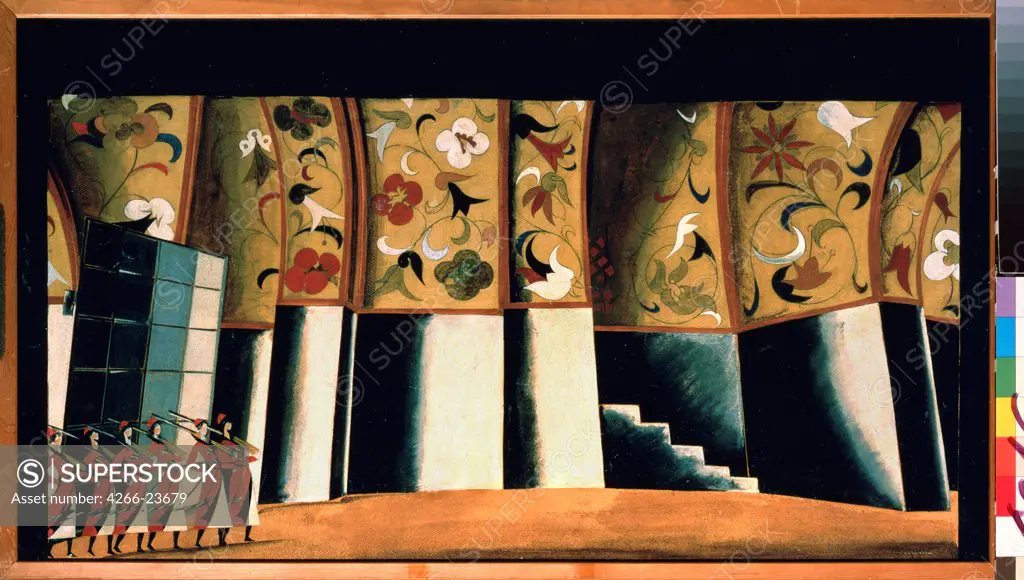 Stage design for the opera The Life for the Tsar by M. Glinka by Tatlin, Vladimir Evgraphovich (1885-1953) State Tretyakov Gallery, Moscow 1913 Oil on cardboard 54,5x98,2 Russia Theatrical scenic painting Opera, Ballet, Theatre Painting