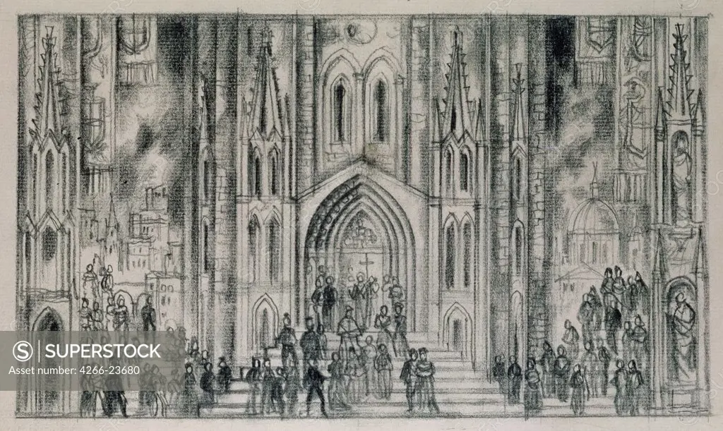 Stage design for the opera Don Carlos by G. Verdi by Ryndin, Vadim Fyodorovich (1902-1974) State Tretyakov Gallery, Moscow 1950s Pencil on Paper 19x28 Russia Theatrical scenic painting Opera, Ballet, Theatre Painting