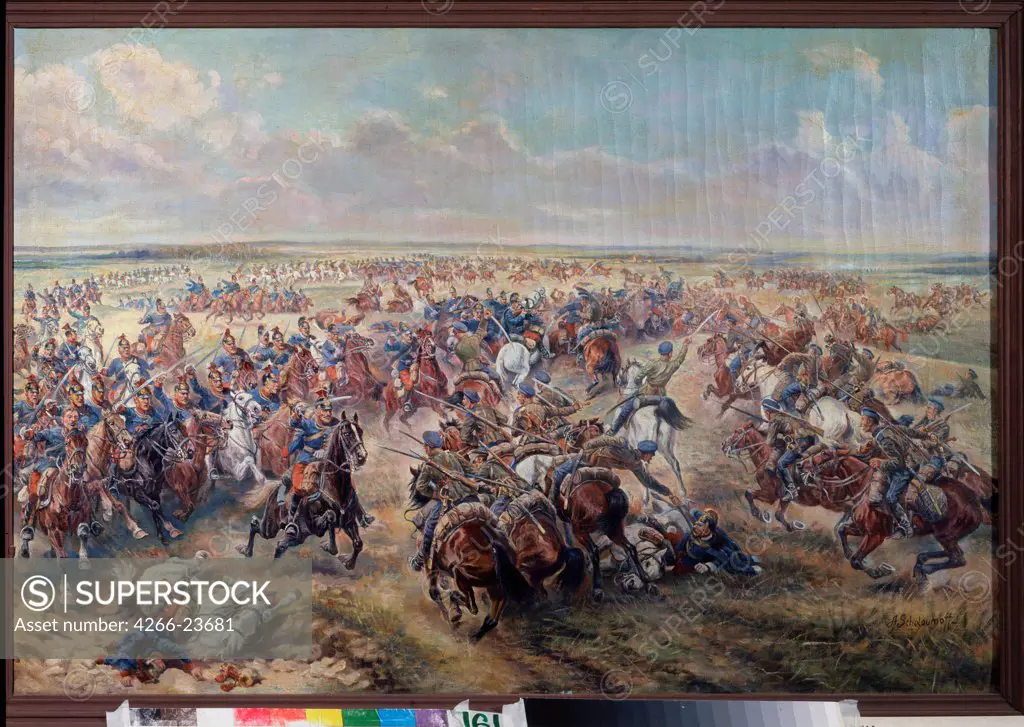 Fight between the Orenburg cossacks and Austrian uhlans by Sheloumov, Afanasi Ivanovich (1892-1983) State Central Military Museum, Moscow 1969 Oil on canvas 72x109 Russia Soviet Art History Painting