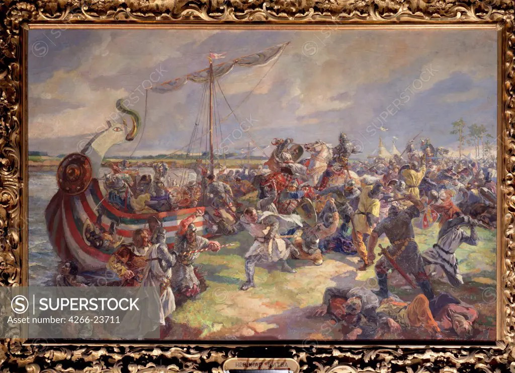 The Battle of the Neva on July 15, 1240 by Truze-Ternovskaya, Julia Nikolaevna (1917-)\ State Central Navy Museum, St. Petersburg\ 1940\ Oil on canvas\ 194x283\ Russia\ Soviet Art\ History\ Painting