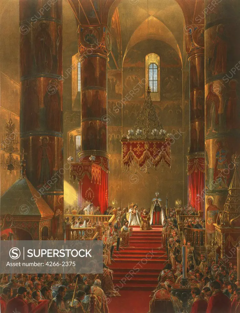 In church by Vasily (George Wilhelm) Timm, color lithograph, 1856, 1820-1895, Russia, Moscow, State History Museum