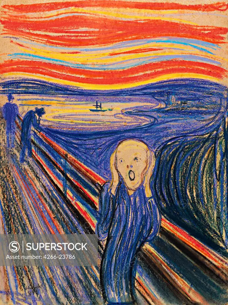 The Scream by Munch, Edvard (1863-1944) Private Collection 1895 Tempera and pastel on canvas Norway Symbolism Mythology, Allegory and Literature Graphic arts