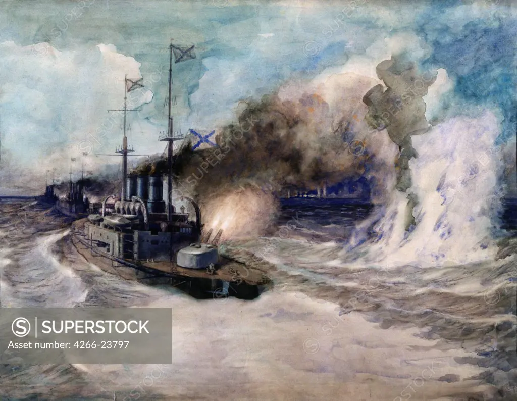 The naval battle between the Black Sea Fleet and the German armored cruiser Goeben on 5 November 1914 by Semyonov, Mikhail Mikhailovich (1899-) State Central Navy Museum, St. Petersburg 1940 Watercolour on paper 63x86 Russia Soviet Art History P