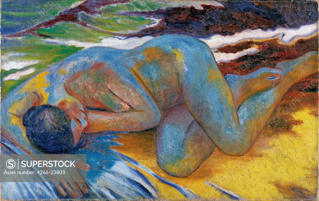 Blue Nude by Larionov, Mikhail Fyodorovich (1881-1964) Thyssen-Bornemisza Collections c. 1908 Oil on canvas 73x116 Russia Russian avant-garde Nude painting Painting