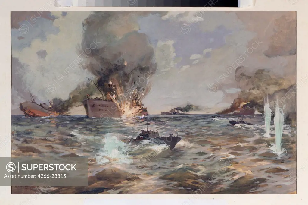 The German Naval convoys sunk by attack from the Russian Torpedo boats in the Barents Sea on 19 August 1944 by Sokolov, Alexei Konstantinovich (1922-2001) State Central Navy Museum, St. Petersburg 1953 Watercolour on paper 39x59,3 Russia Soviet Art