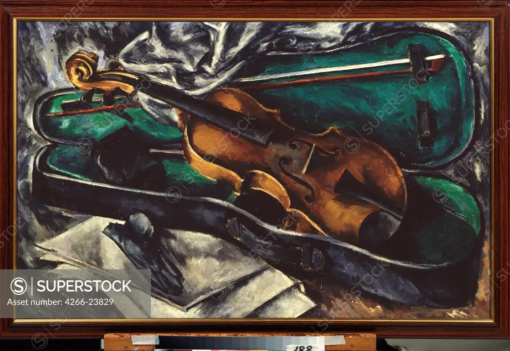 Violin in a case by Chernyshev, Nikolai Mikhailovich (1885-1973) State Art Museum, Nizhny Tagil 1919 Oil on canvas 64x102 Russia Russian Painting, End of 19th - Early 20th cen. Still Life Painting