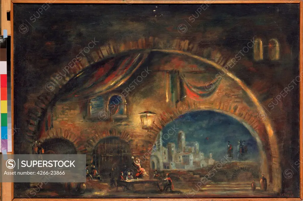 Stage design for the ballet Don Quijote by L. Minkus by Ryndin, Vadim Fyodorovich (1902-1974) State Tretyakov Gallery, Moscow 1940 Oil on canvas 60x89,5 Russia Theatrical scenic painting Opera, Ballet, Theatre Painting
