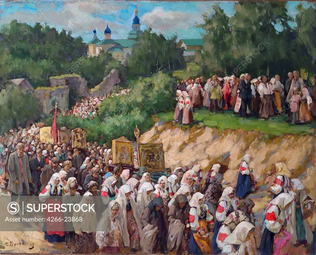 Cross Procession at the Pskovo-Pechersky Dormition Monastery by Kharitonov, Nikolai Vasilyevich (1880-1944) Private Collection Oil on canvas 64,8x82,6 Russia Realism Landscape,Genre Painting