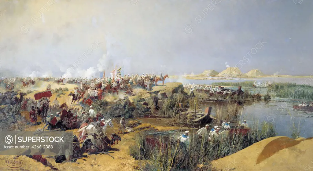 Troops by Nikolai Nikolayevich Karasin, oil on canvas, 1889, 1842-1908, Russia, St. Petersburg, State Central Artillery Museum, 178x322