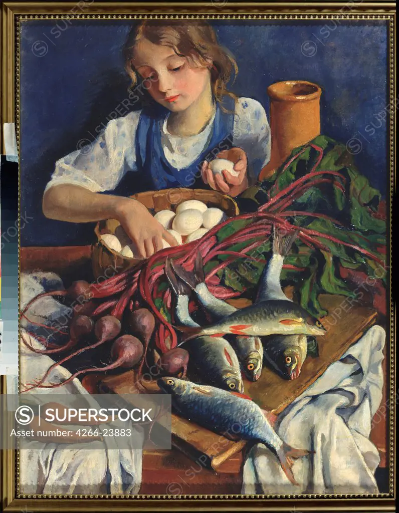 In the kitchen by Serebriakova, Zinaida Yevgenievna (1884-1967) State Art Museum, Nizhny Tagil 1923 Oil on canvas 79x62 Russia Modern Still Life,Genre Painting