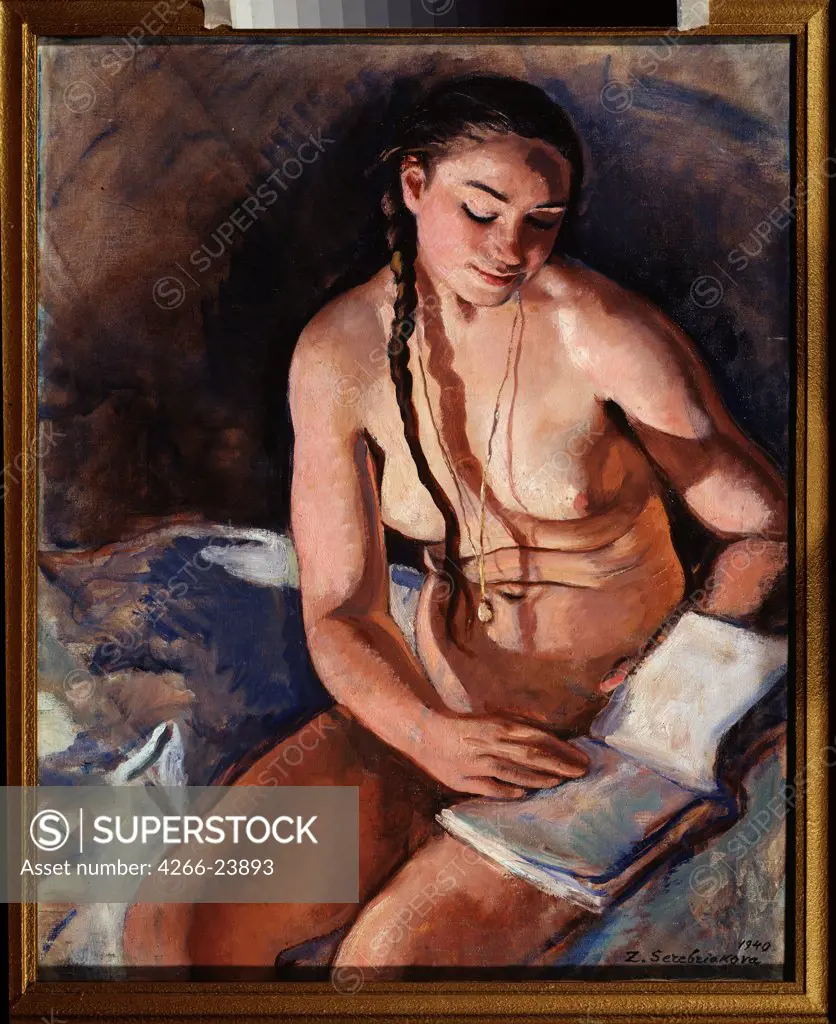 Nude with a book by Serebriakova, Zinaida Yevgenievna (1884-1967) Regional Art Museum, Kaluga 1940 Oil on canvas 75x60 Russia Modern Nude painting Painting