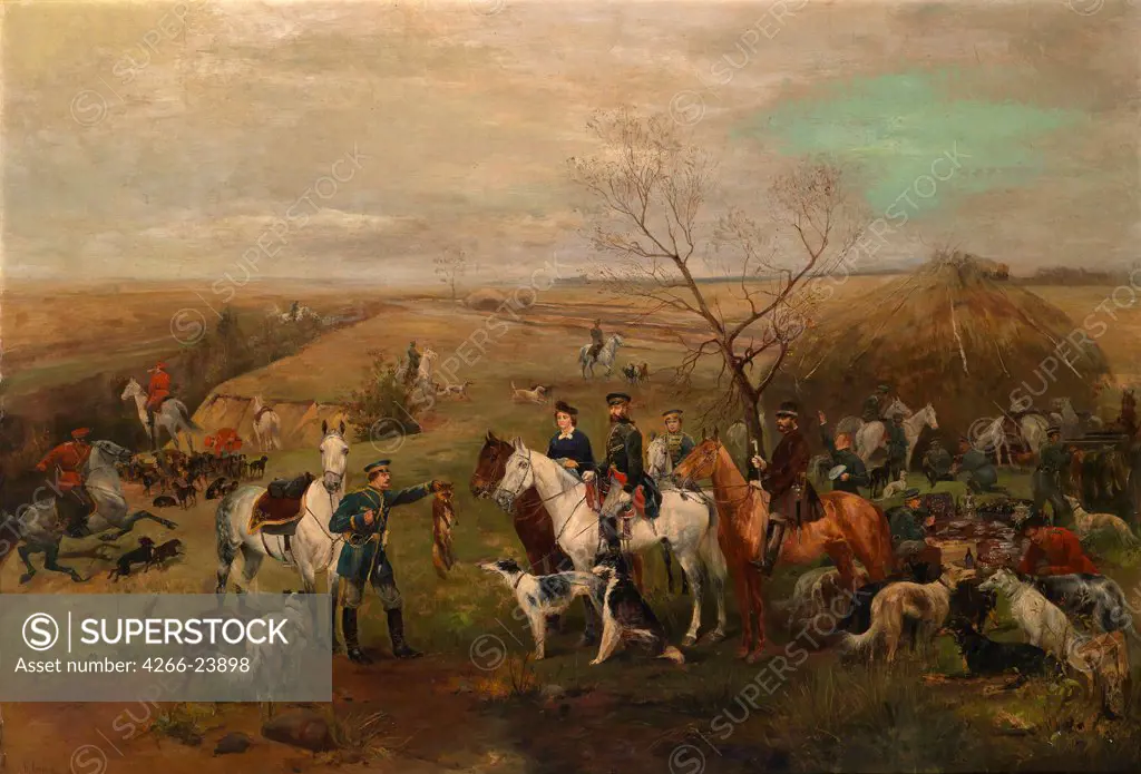 Hunting party with the Emperor Alexander III and Empress Maria Feodorovna by Samokish, Nikolai Semyonovich (1860-1944) Private Collection 1880s Oil on canvas Russia Russian Painting of 19th cen. Genre Painting
