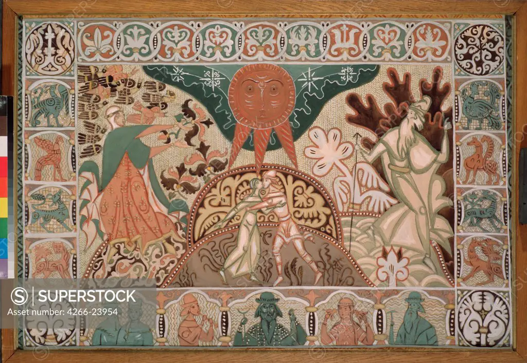 Curtain design for the opera Snow Maiden by N. Rimsky-Korsakov by Stelletsky, Dmitri Semyonovich (1875-1947) State Tretyakov Gallery, Moscow Gouache on paper 68x100 Russia Theatrical scenic painting Opera, Ballet, Theatre Painting