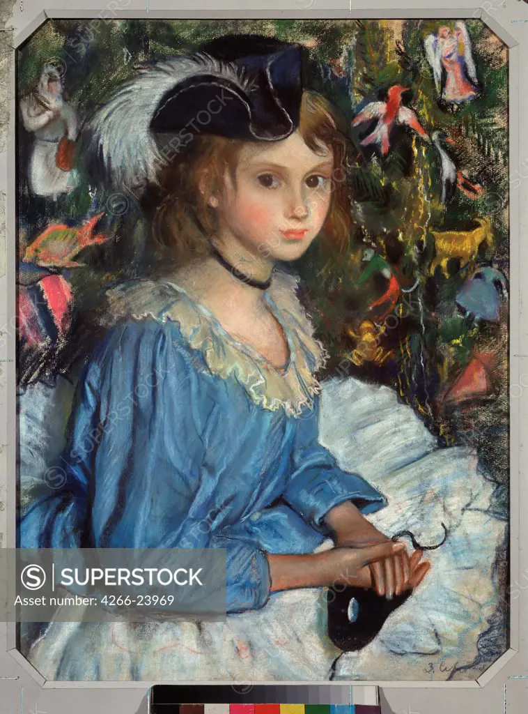 Katya in Blue at the Christmas tree by Serebriakova, Zinaida Yevgenievna (1884-1967) Museum of Private Collections in A. Pushkin Museum of Fine Arts, Moscow 1922 Pastel on paper 63,6x47,5 Russia Modern Genre Painting