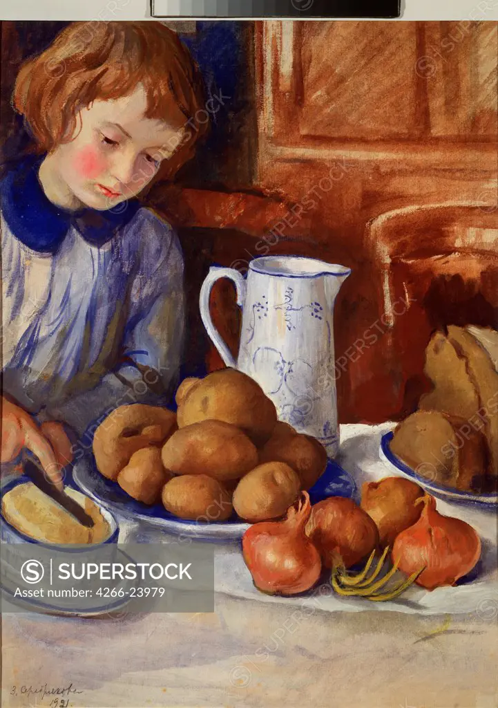 Katya in the kitchen by Serebriakova, Zinaida Yevgenievna (1884-1967) Museum of Private Collections in A. Pushkin Museum of Fine Arts, Moscow 1921 Tempera on paper 59,3x42,8 Russia Russian Painting, End of 19th - Early 20th cen. Still Life,Genre