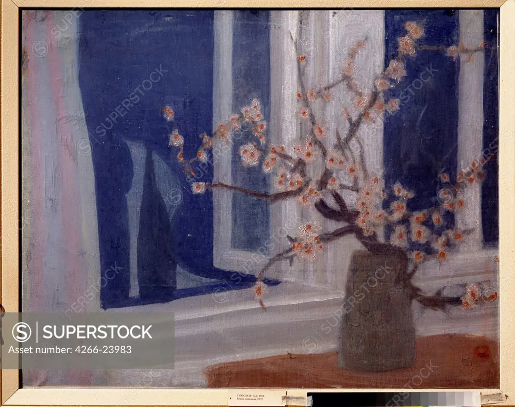 A branch of almond-tree (Blue still life) by Sokolov, Alexei Dmitrievich (1912-) State S. Ersya Mordovian Art Museum, Saransk 1970 Oil on canvas 90x100 Russia Modern Still Life Painting
