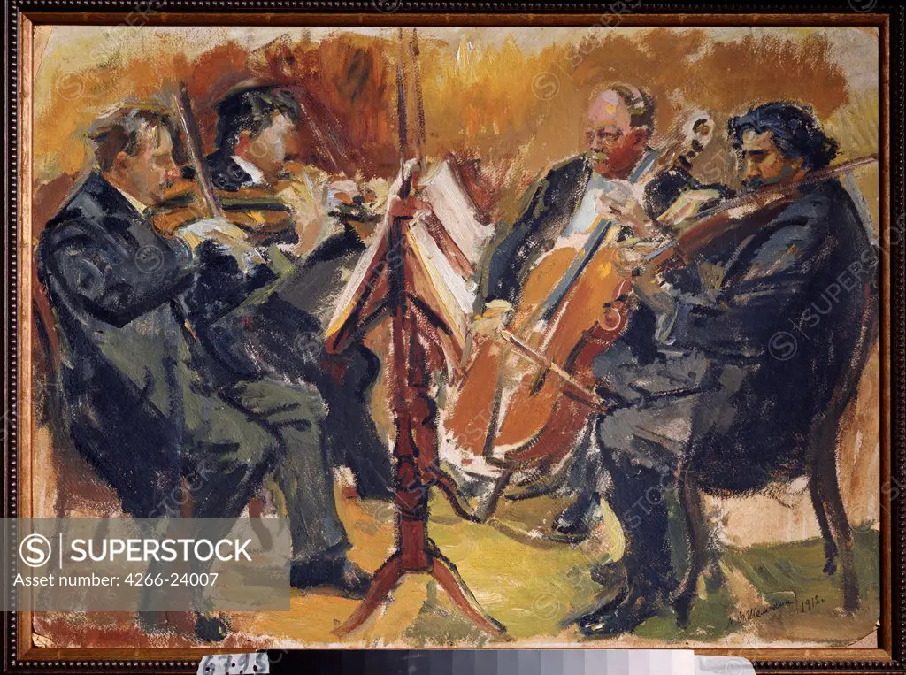 Czech Quartet of the composer Sergei Taneev by Shemyakin, Mikhail Fyodorovich (1875-1944) State P. Tchaikovsky Memorial Museum, Klin 1912 Oil on cardboard Russia Russian Painting, End of 19th - Early 20th cen. Music, Dance Painting