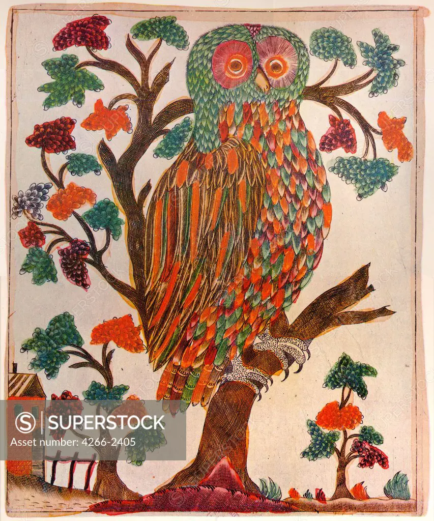 Owl by Russian master, copper engraving, watercolor, 1800, St. Petersburg, State Russian Museum,